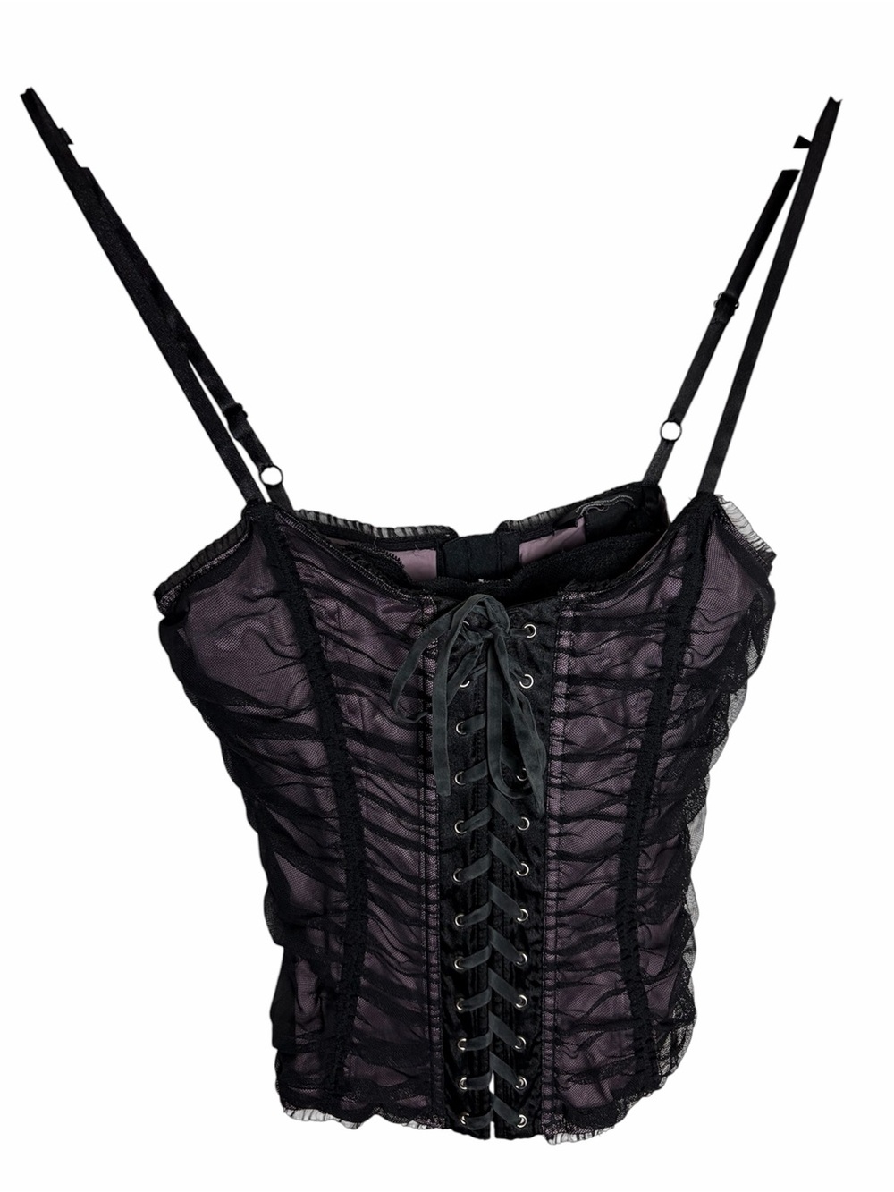 Moda International Y2K Black & pink silk mesh Lace up Corset with built in bra S